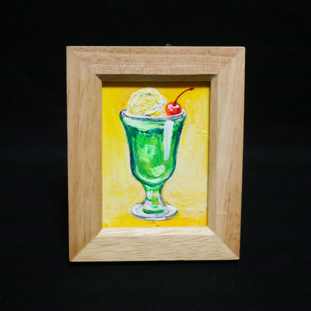 一点物【クリームソーダ】油絵 原画|手のひらサイズのミニ絵画 木製フレーム付