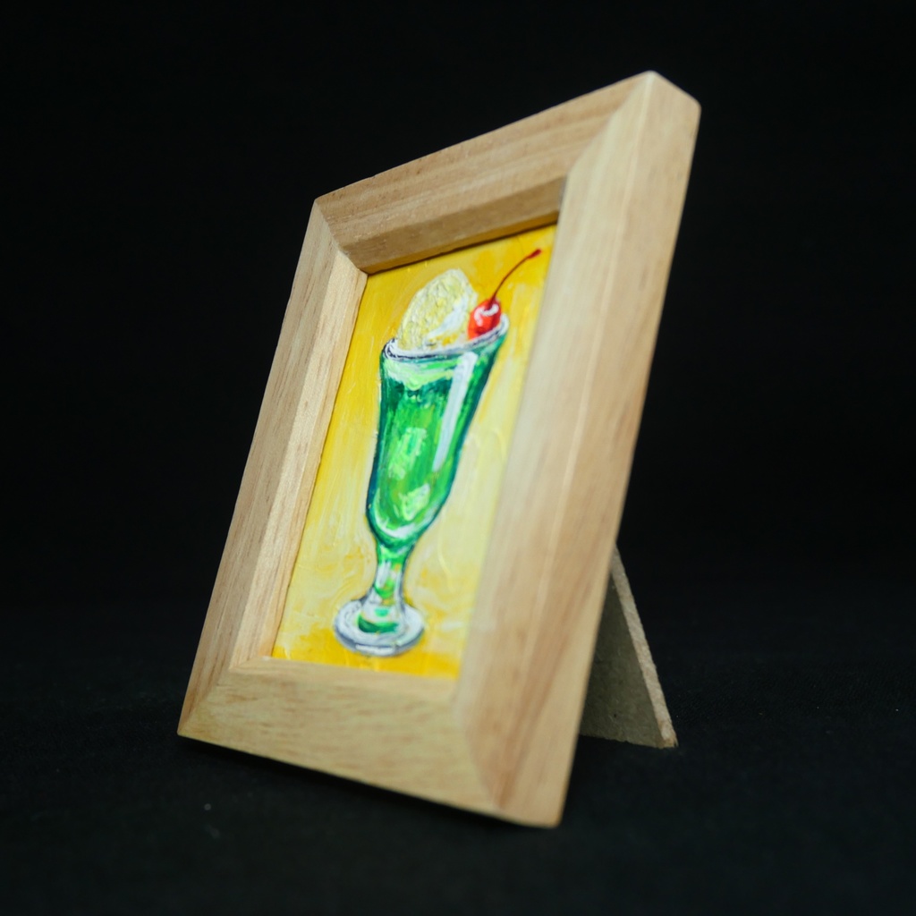 一点物【クリームソーダ】油絵 原画|手のひらサイズのミニ絵画 木製フレーム付