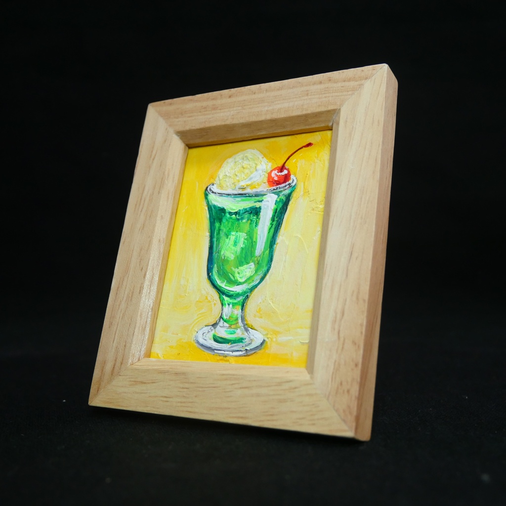 一点物【クリームソーダ】油絵 原画|手のひらサイズのミニ絵画 木製フレーム付
