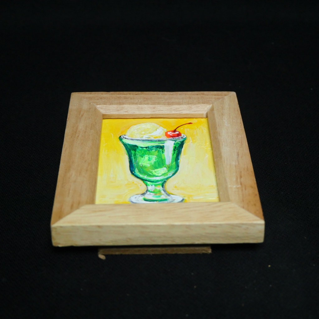一点物【クリームソーダ】油絵 原画|手のひらサイズのミニ絵画 木製フレーム付