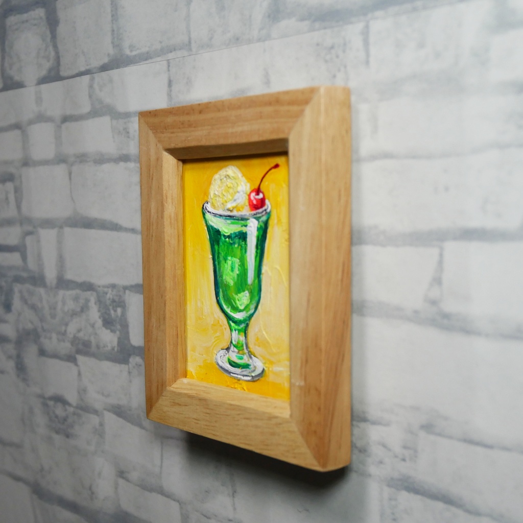 一点物【クリームソーダ】油絵 原画|手のひらサイズのミニ絵画 木製フレーム付