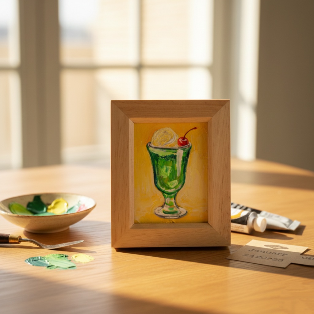 一点物【クリームソーダ】油絵 原画|手のひらサイズのミニ絵画 木製フレーム付