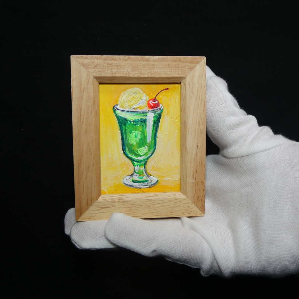 一点物【クリームソーダ】油絵 原画|手のひらサイズのミニ絵画 木製フレーム付