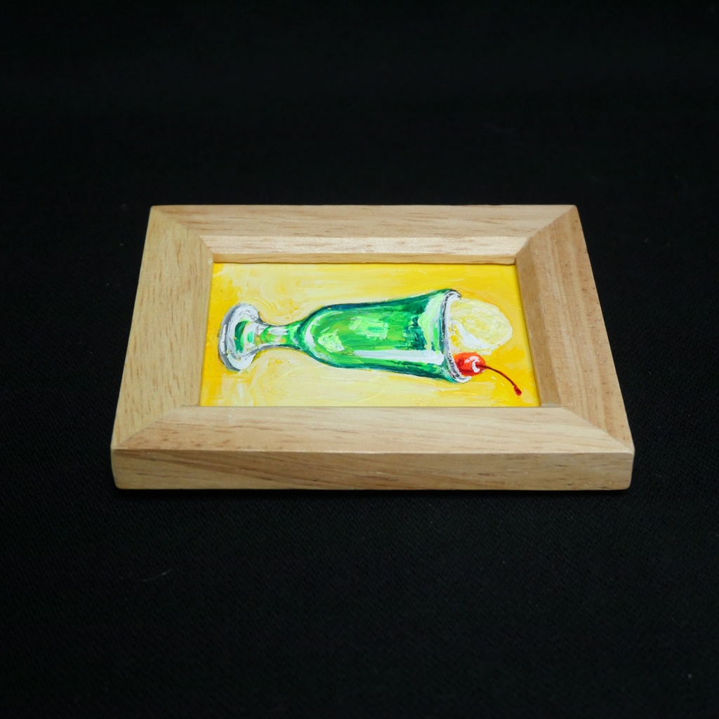 一点物【クリームソーダ】油絵 原画|手のひらサイズのミニ絵画 木製フレーム付