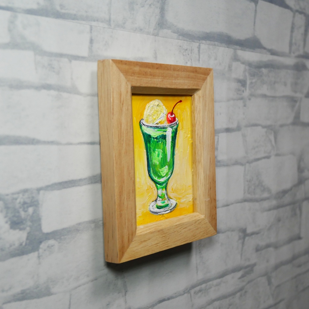 一点物【クリームソーダ】油絵 原画|手のひらサイズのミニ絵画 木製フレーム付