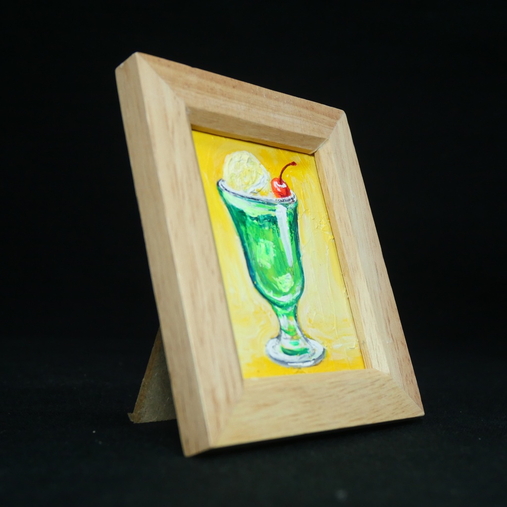一点物【クリームソーダ】油絵 原画|手のひらサイズのミニ絵画 木製フレーム付