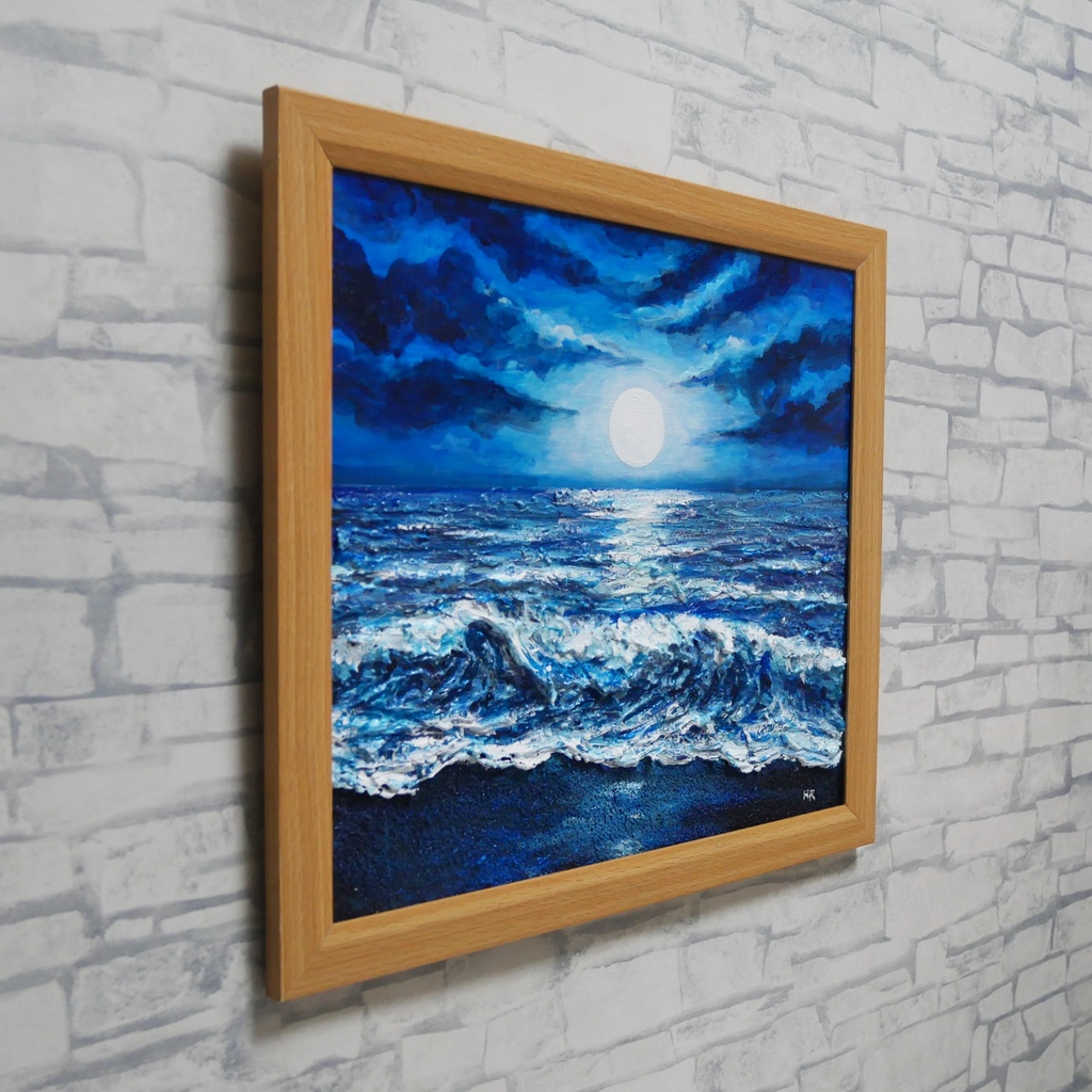 油彩画『月明かりの海』夜の静寂と波のきらめき|原画・一点物