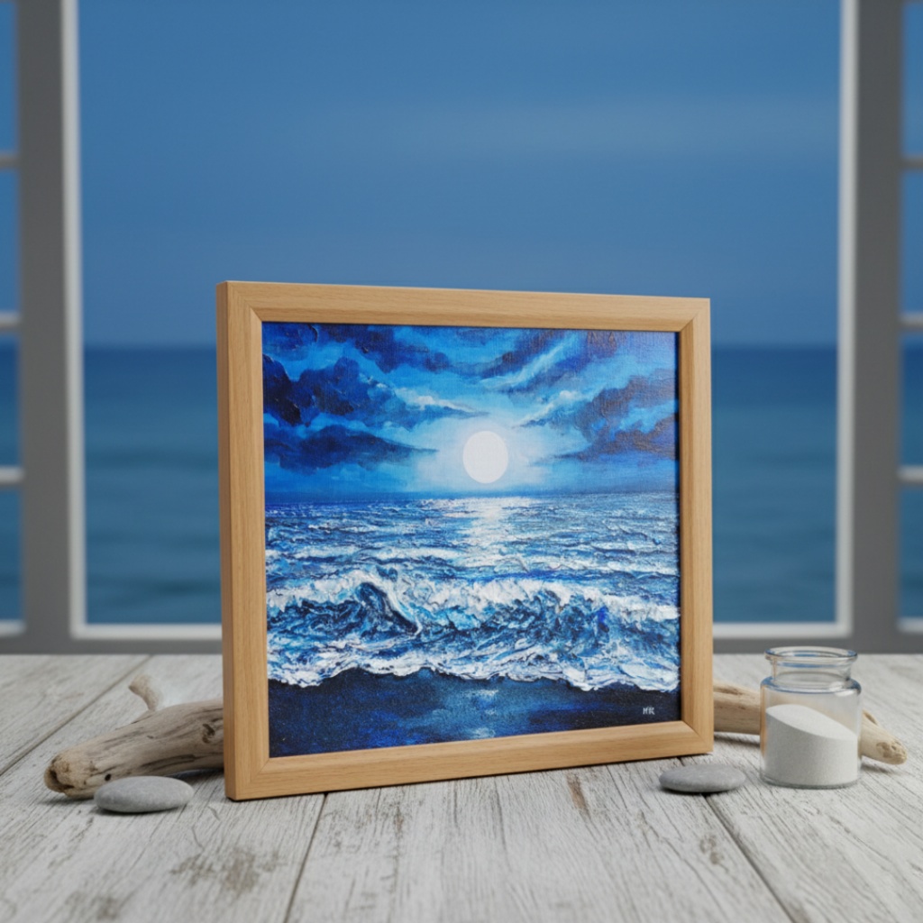 油彩画『月明かりの海』夜の静寂と波のきらめき|原画・一点物