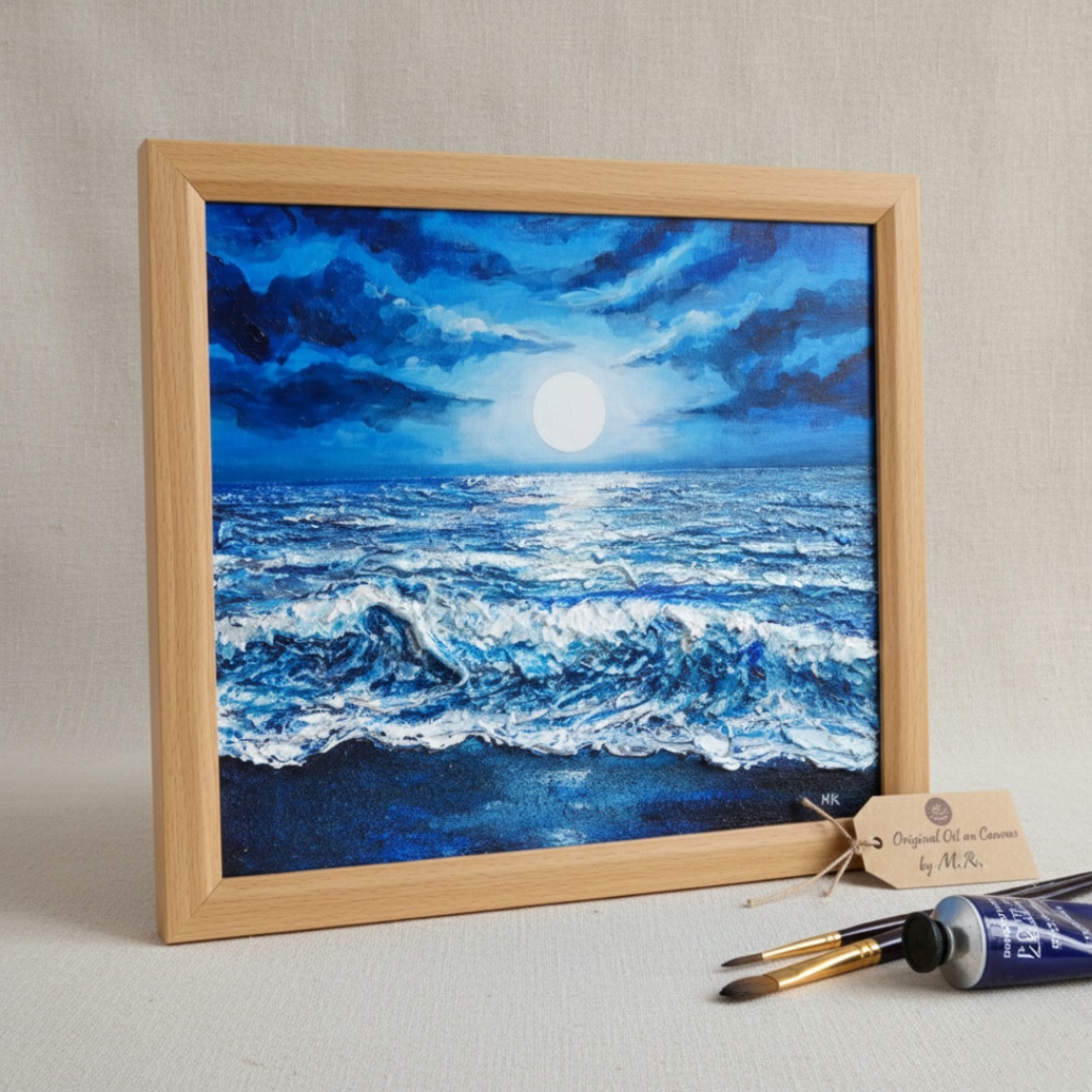 油彩画『月明かりの海』夜の静寂と波のきらめき|原画・一点物