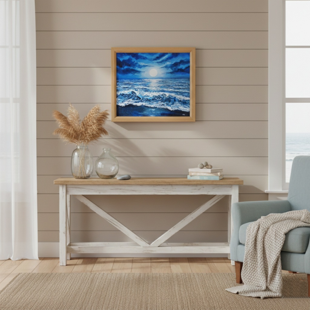 油彩画『月明かりの海』夜の静寂と波のきらめき|原画・一点物