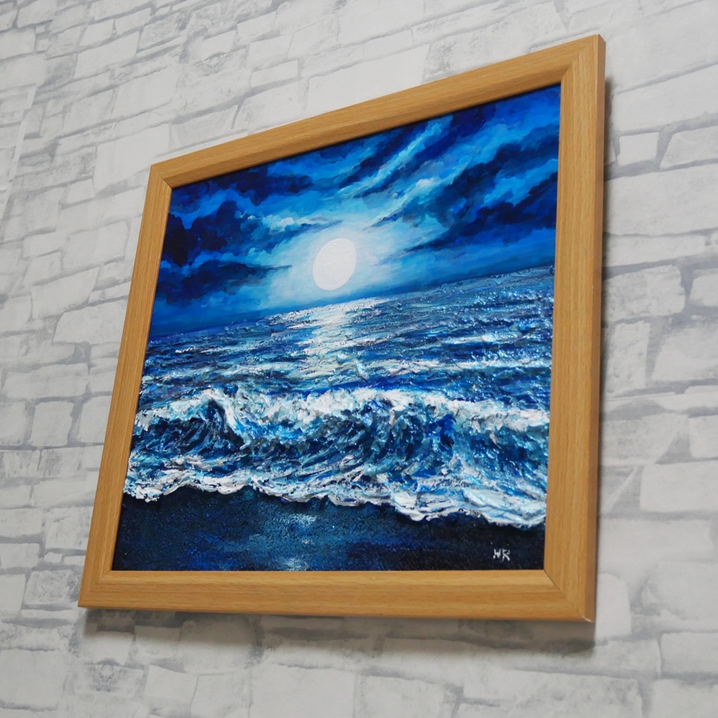油彩画『月明かりの海』夜の静寂と波のきらめき|原画・一点物