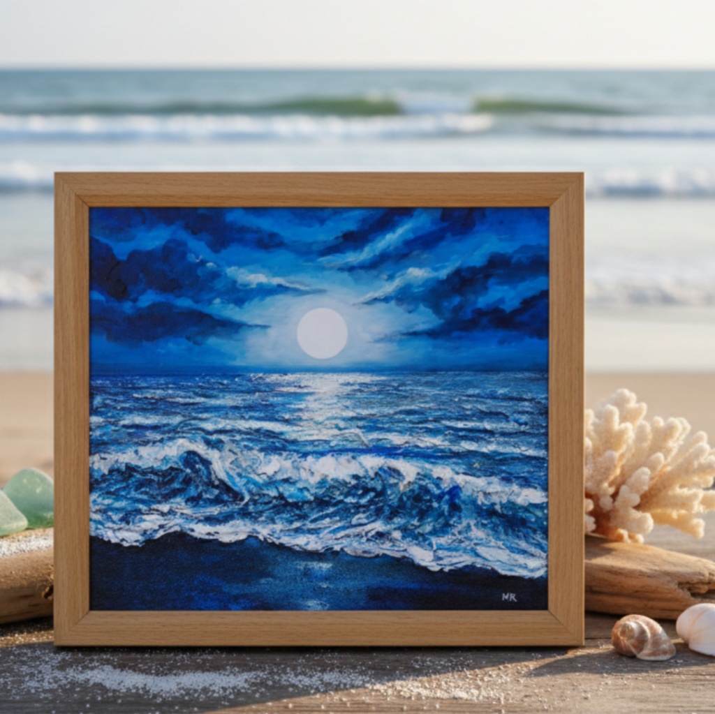油彩画『月明かりの海』夜の静寂と波のきらめき|原画・一点物