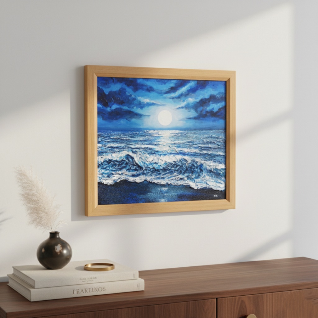 油彩画『月明かりの海』夜の静寂と波のきらめき|原画・一点物