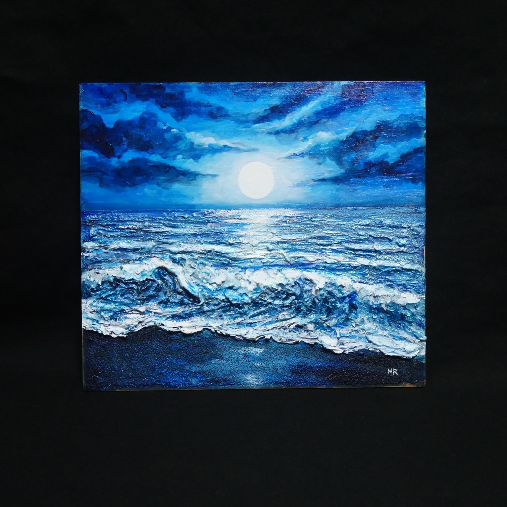 油彩画『月明かりの海』夜の静寂と波のきらめき|原画・一点物