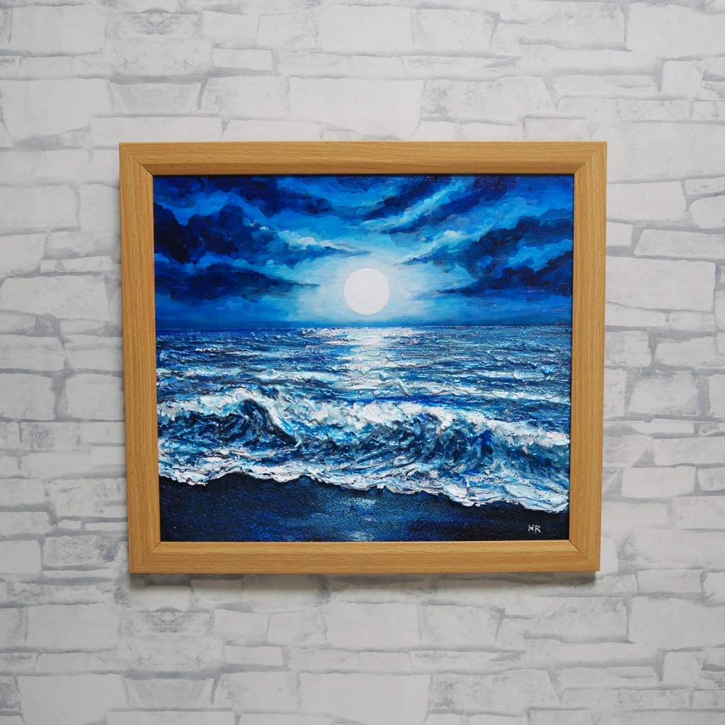 油彩画『月明かりの海』夜の静寂と波のきらめき|原画・一点物