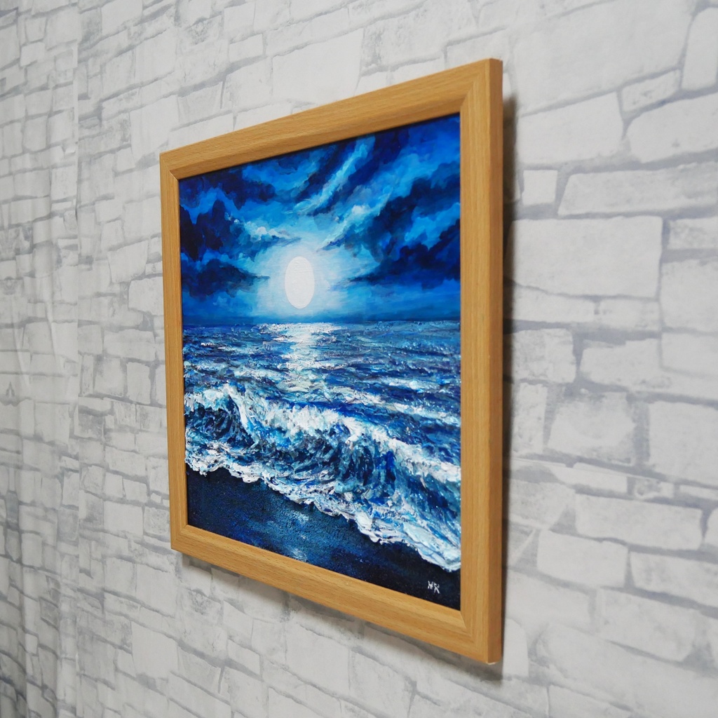 油彩画『月明かりの海』夜の静寂と波のきらめき|原画・一点物