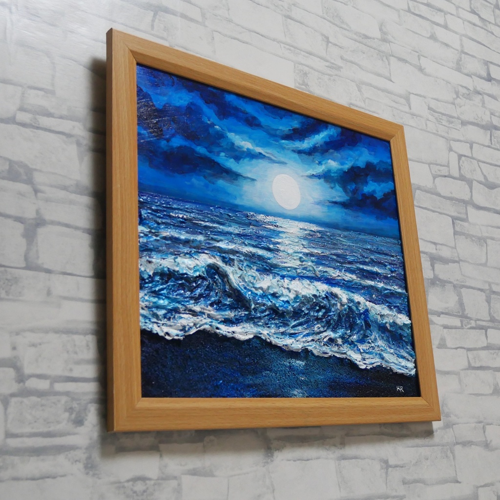油彩画『月明かりの海』夜の静寂と波のきらめき|原画・一点物