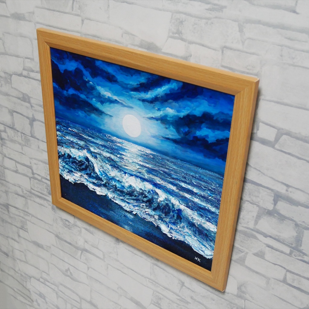油彩画『月明かりの海』夜の静寂と波のきらめき|原画・一点物