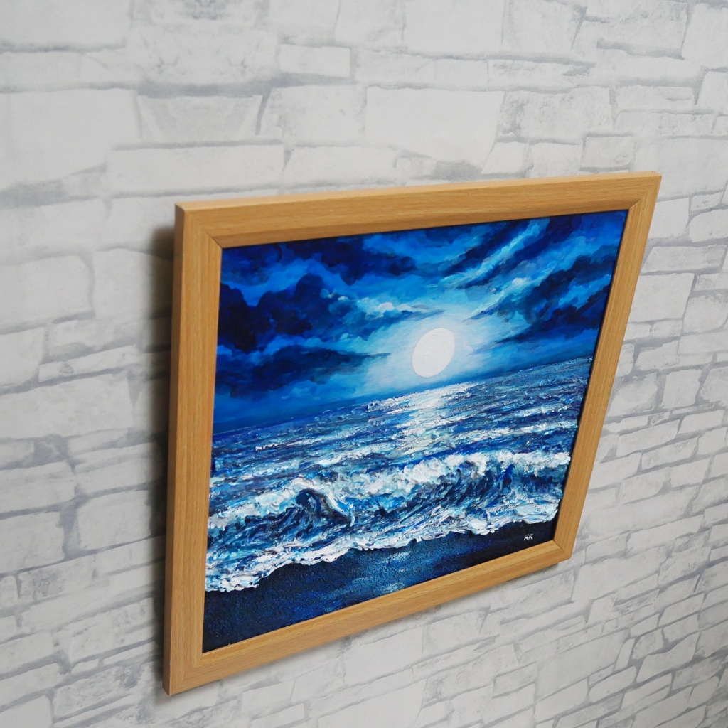 油彩画『月明かりの海』夜の静寂と波のきらめき|原画・一点物