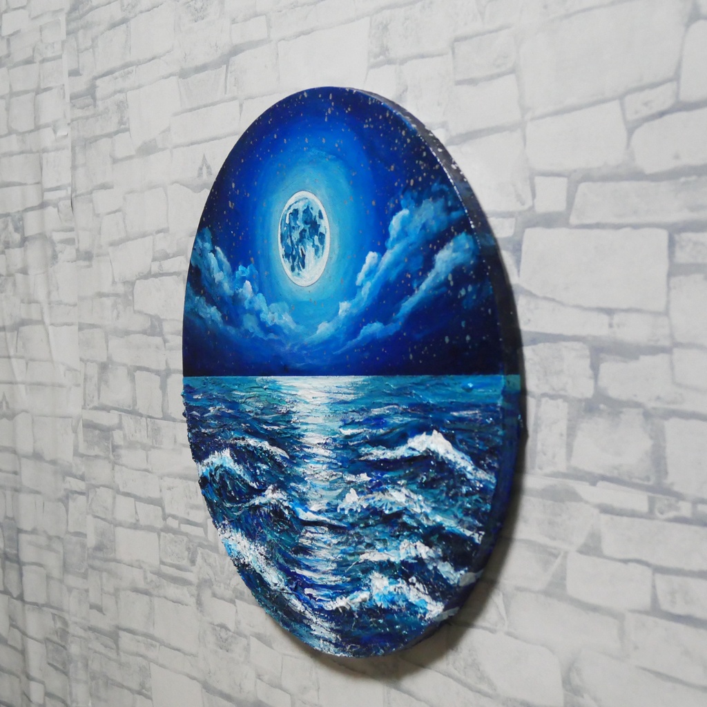 【油絵】心を落ち着かせる海景画 丸形「青い満月と輝く海」油彩画インテリア