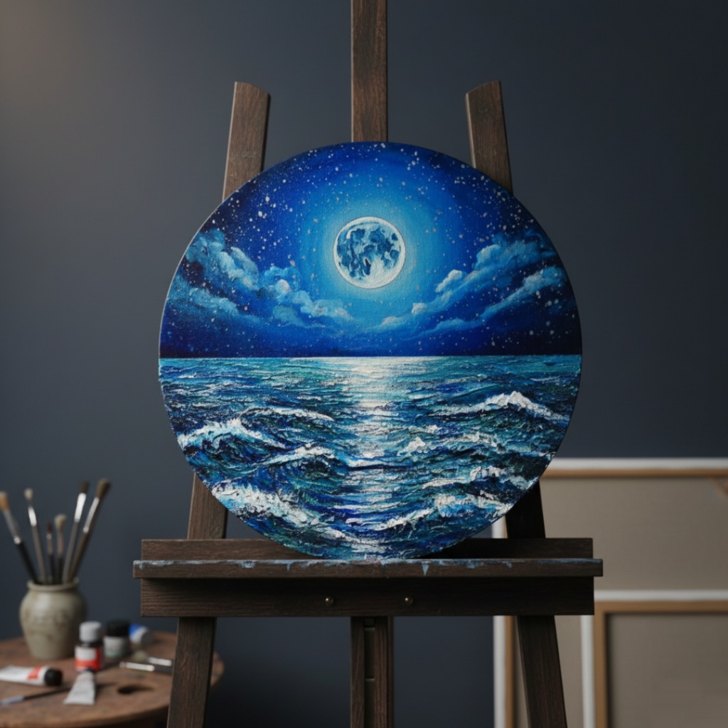 【油絵】心を落ち着かせる海景画 丸形「青い満月と輝く海」油彩画インテリア