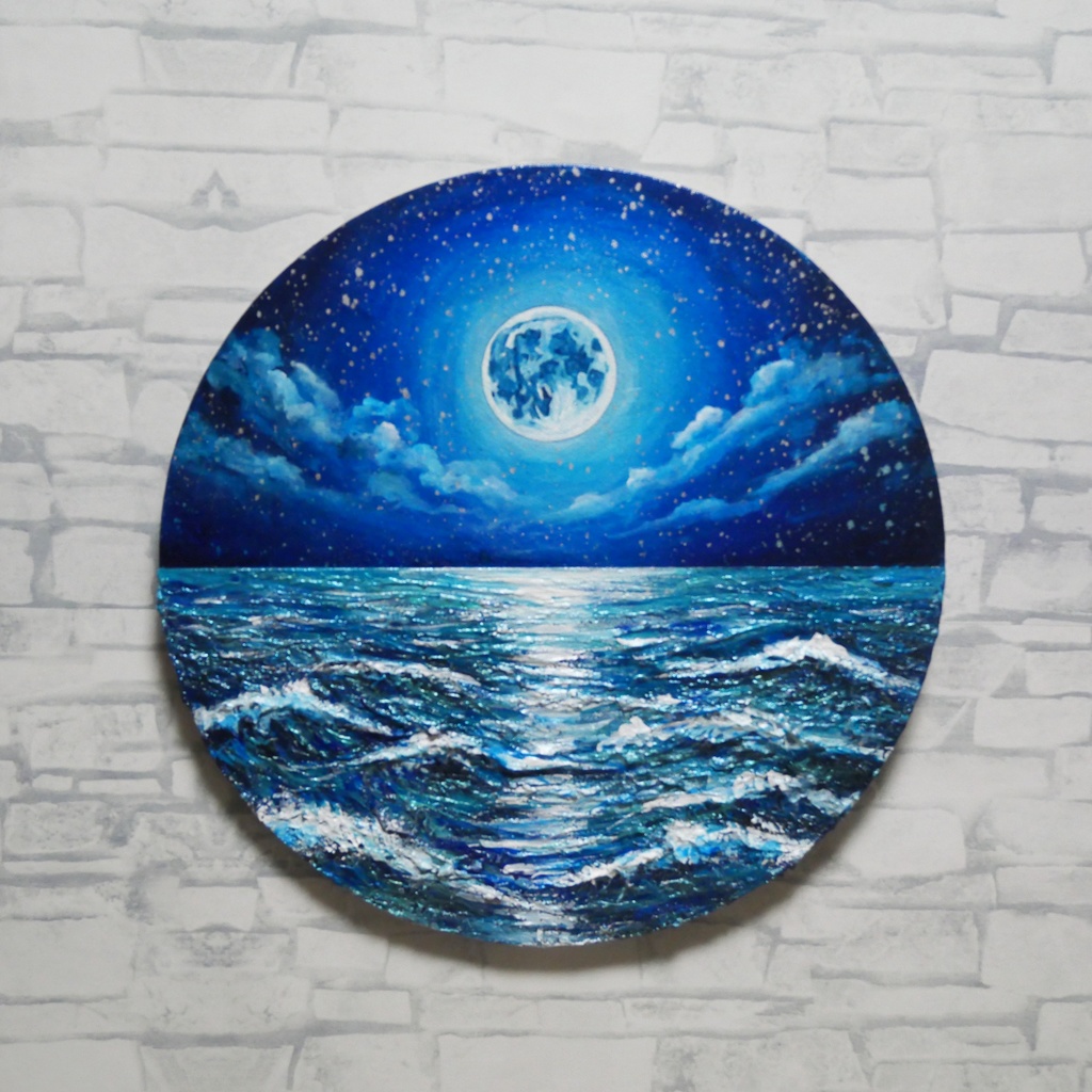 【油絵】心を落ち着かせる海景画 丸形「青い満月と輝く海」油彩画インテリア