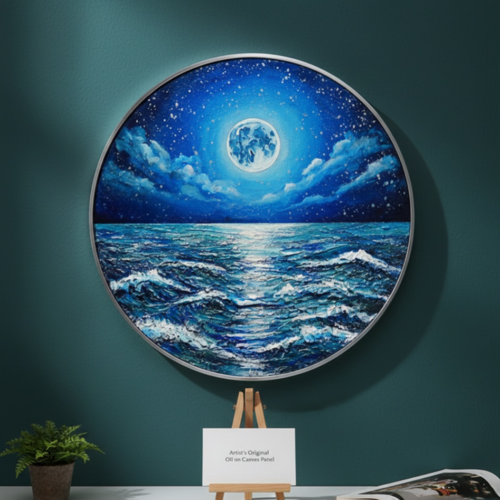 【油絵】心を落ち着かせる海景画 丸形「青い満月と輝く海」油彩画インテリア