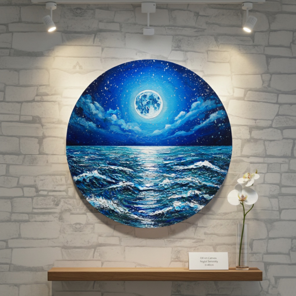 【油絵】心を落ち着かせる海景画 丸形「青い満月と輝く海」油彩画インテリア