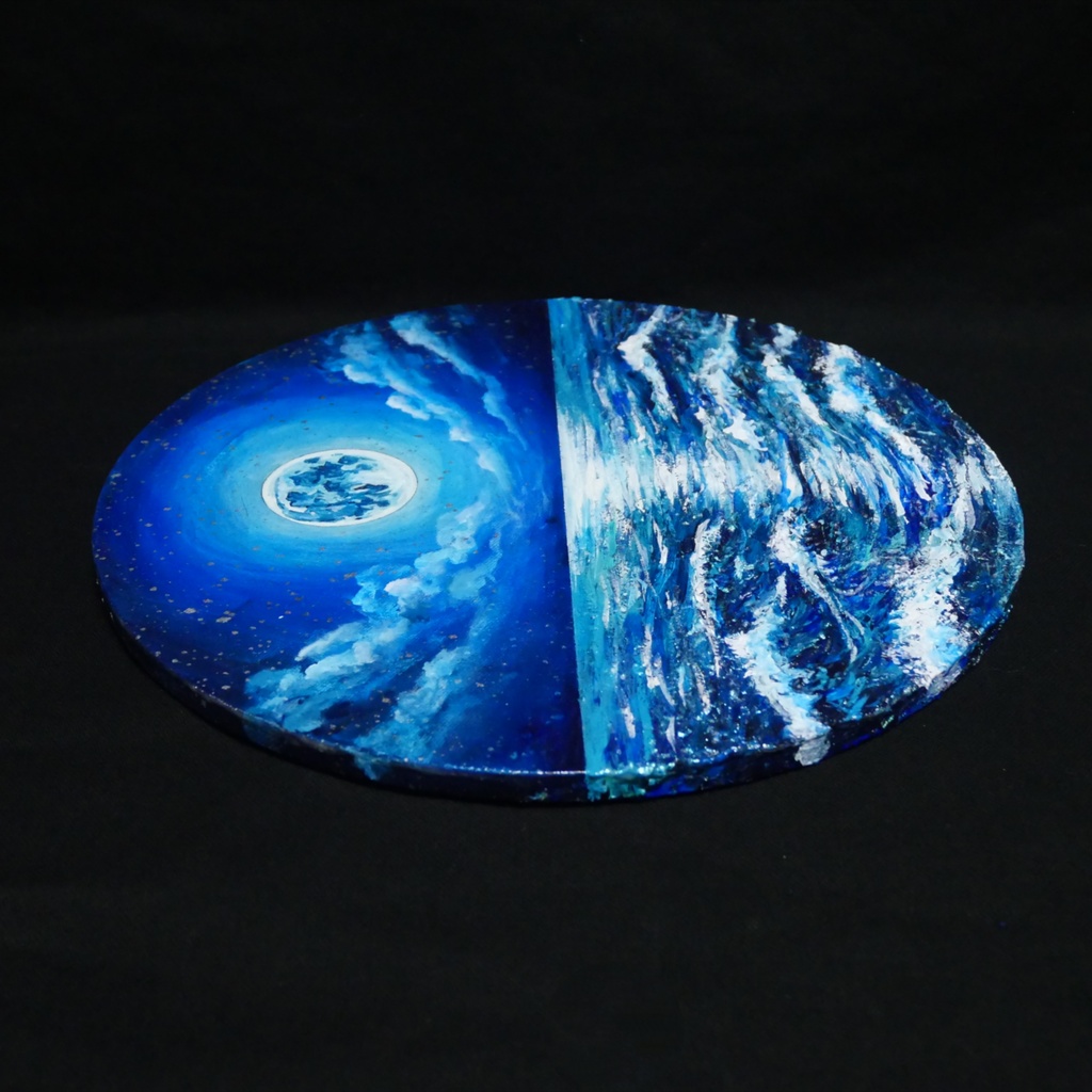 【油絵】心を落ち着かせる海景画 丸形「青い満月と輝く海」油彩画インテリア