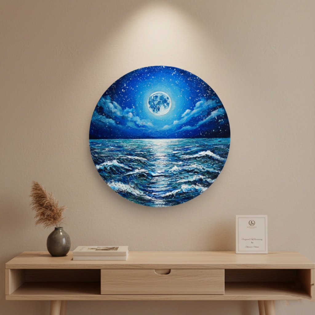 【油絵】心を落ち着かせる海景画 丸形「青い満月と輝く海」油彩画インテリア