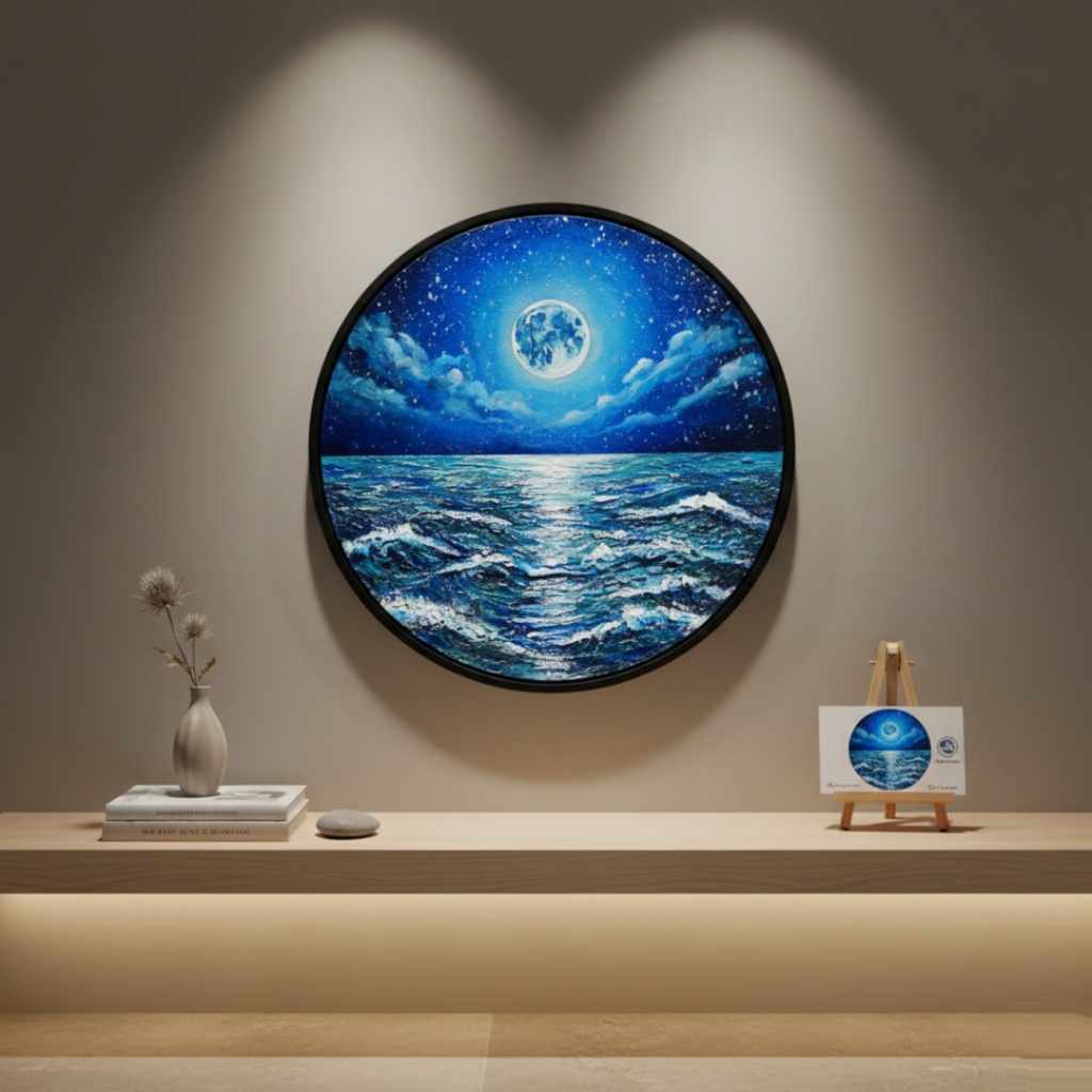【油絵】心を落ち着かせる海景画 丸形「青い満月と輝く海」油彩画インテリア