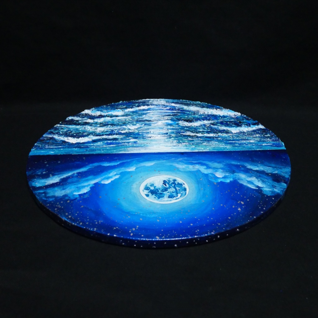 【油絵】心を落ち着かせる海景画 丸形「青い満月と輝く海」油彩画インテリア
