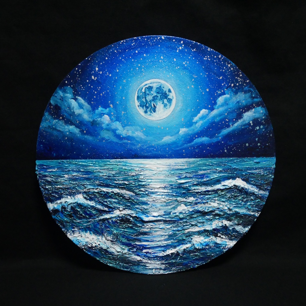 【油絵】心を落ち着かせる海景画 丸形「青い満月と輝く海」油彩画インテリア