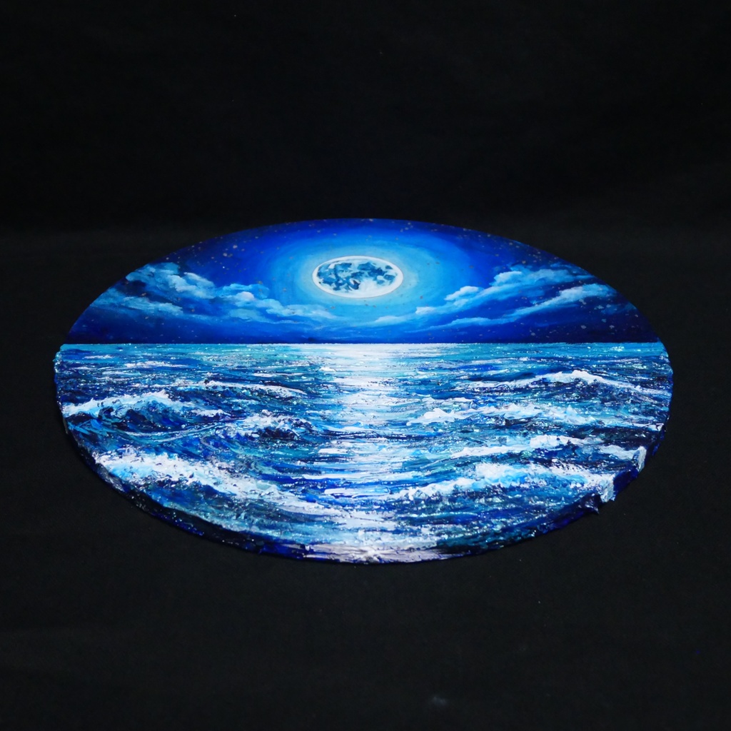 【油絵】心を落ち着かせる海景画 丸形「青い満月と輝く海」油彩画インテリア