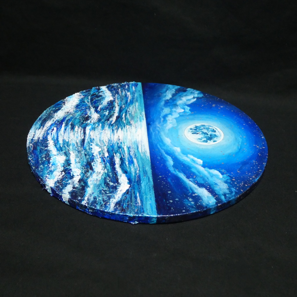 【油絵】心を落ち着かせる海景画 丸形「青い満月と輝く海」油彩画インテリア