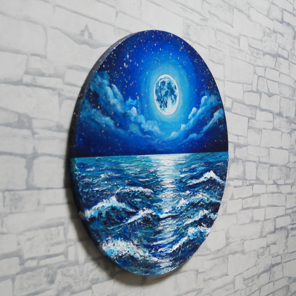 【油絵】心を落ち着かせる海景画 丸形「青い満月と輝く海」油彩画インテリア