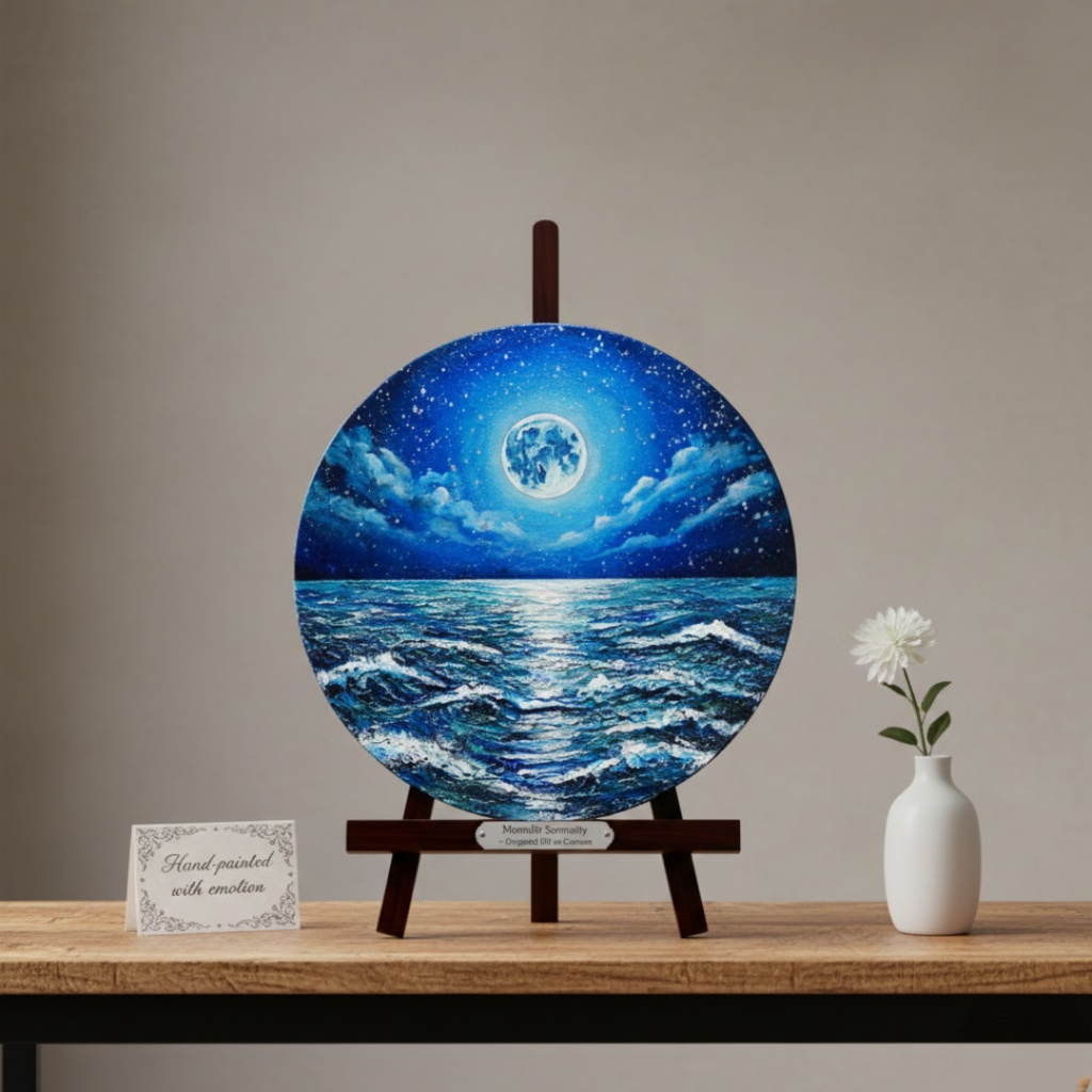 【油絵】心を落ち着かせる海景画 丸形「青い満月と輝く海」油彩画インテリア