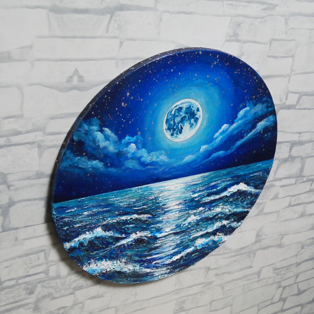 【油絵】心を落ち着かせる海景画 丸形「青い満月と輝く海」油彩画インテリア