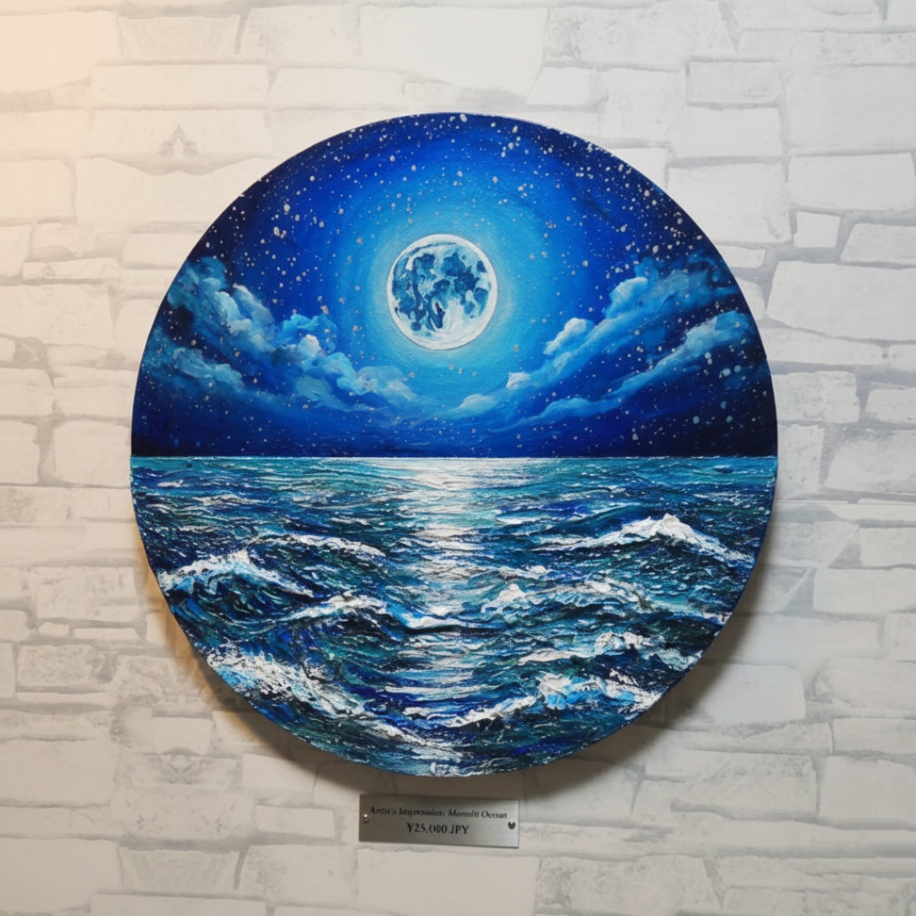 【油絵】心を落ち着かせる海景画 丸形「青い満月と輝く海」油彩画インテリア