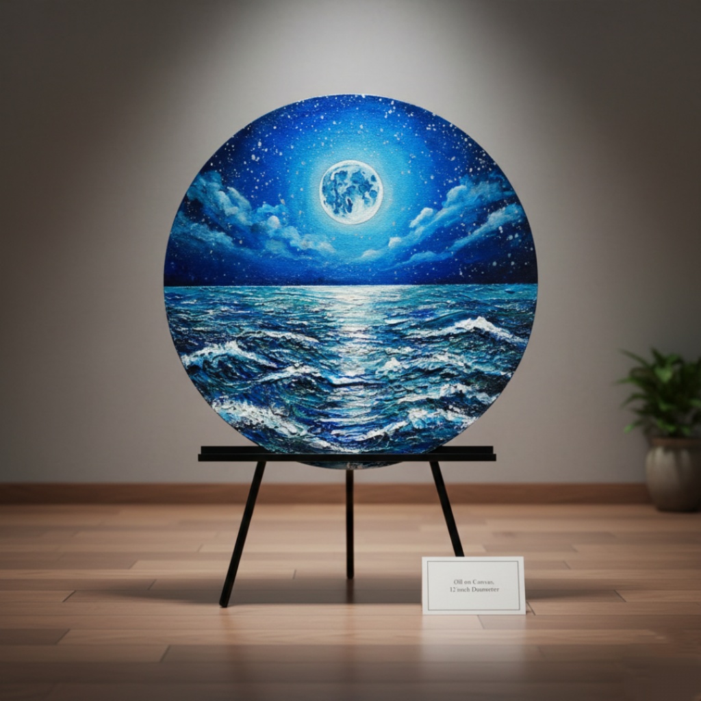 【油絵】心を落ち着かせる海景画 丸形「青い満月と輝く海」油彩画インテリア