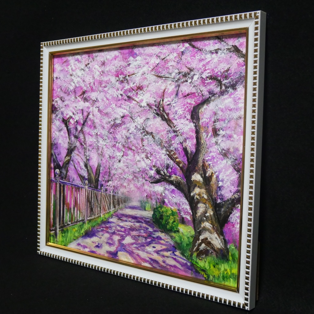 油彩画「満開の桜のトンネル」桜並木 春のインテリア
