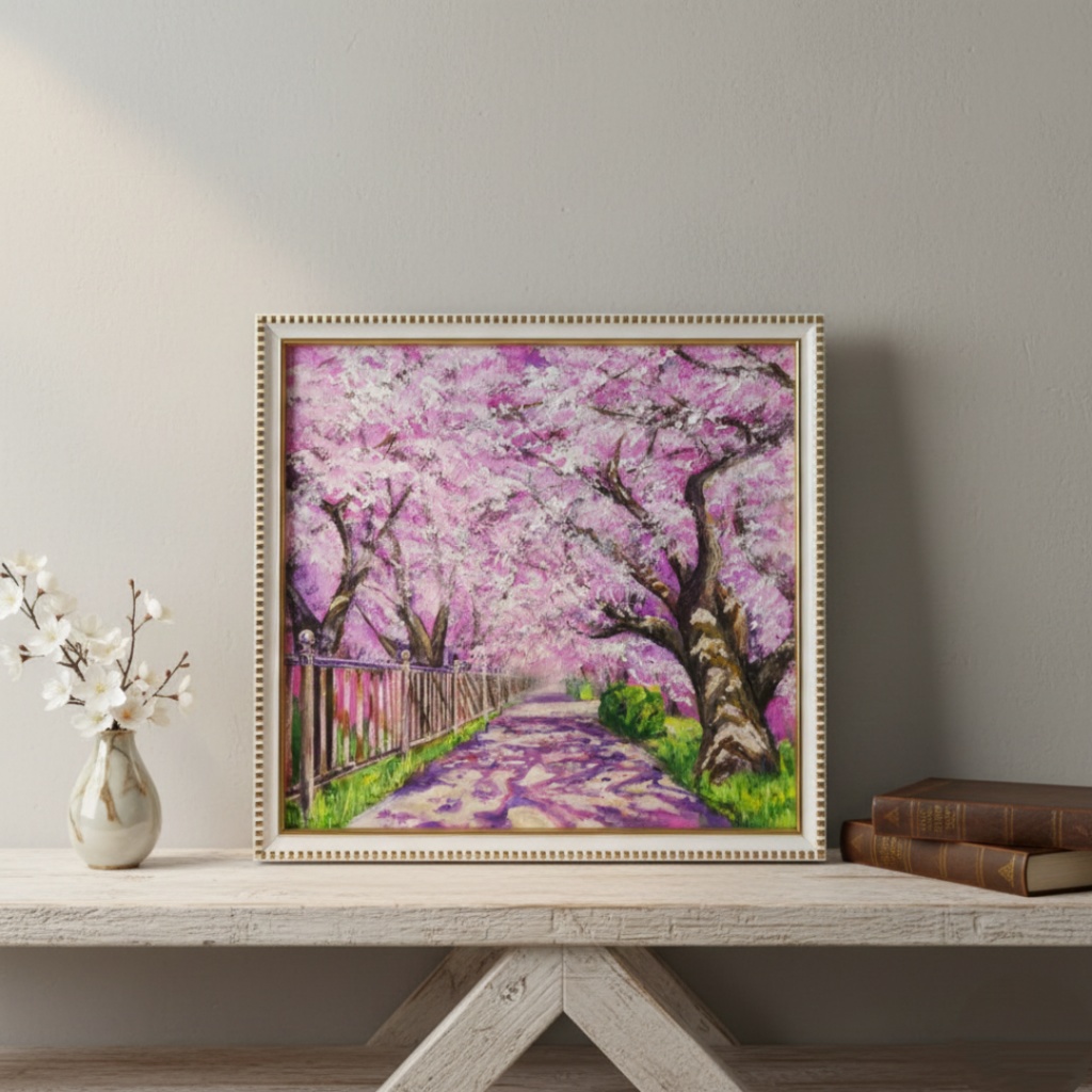油彩画「満開の桜のトンネル」桜並木 春のインテリア