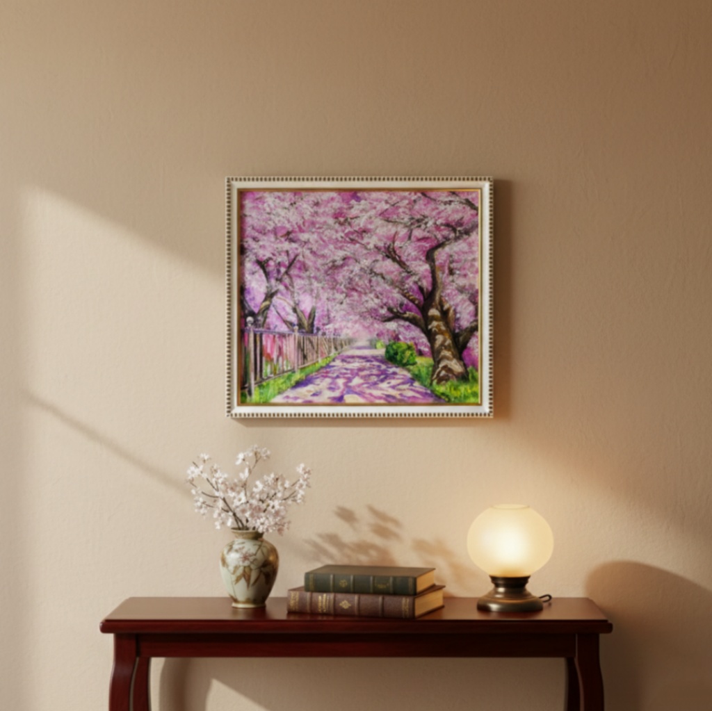 油彩画「満開の桜のトンネル」桜並木 春のインテリア