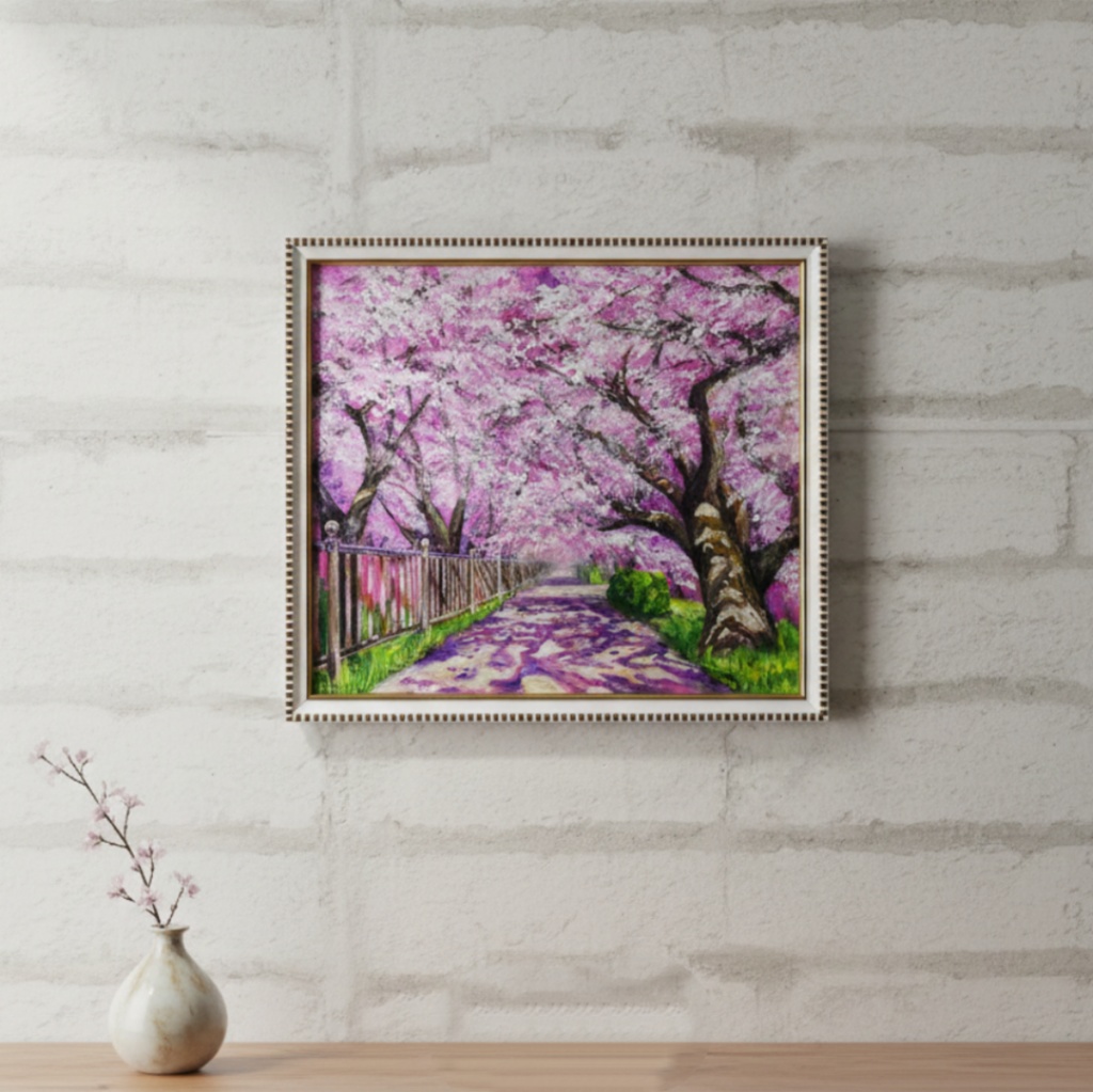 油彩画「満開の桜のトンネル」桜並木 春のインテリア