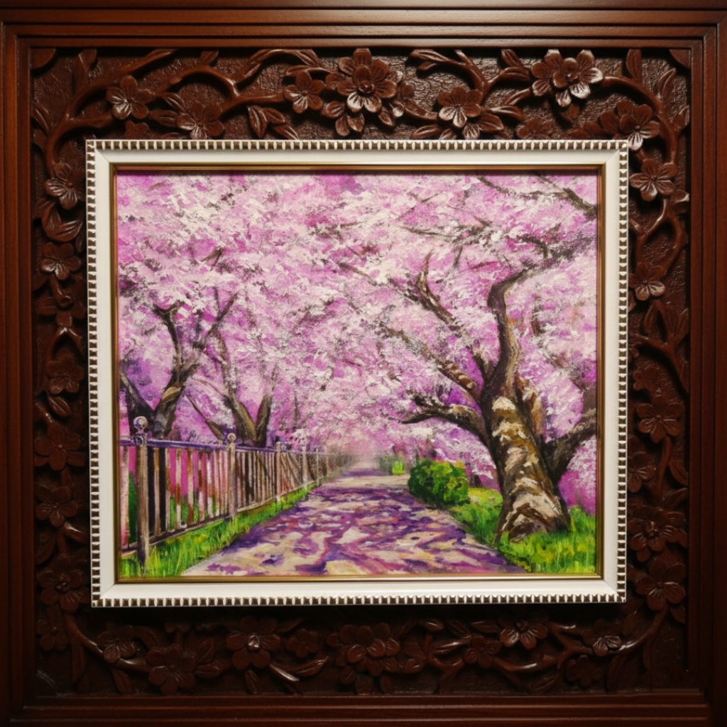 油彩画「満開の桜のトンネル」桜並木 春のインテリア