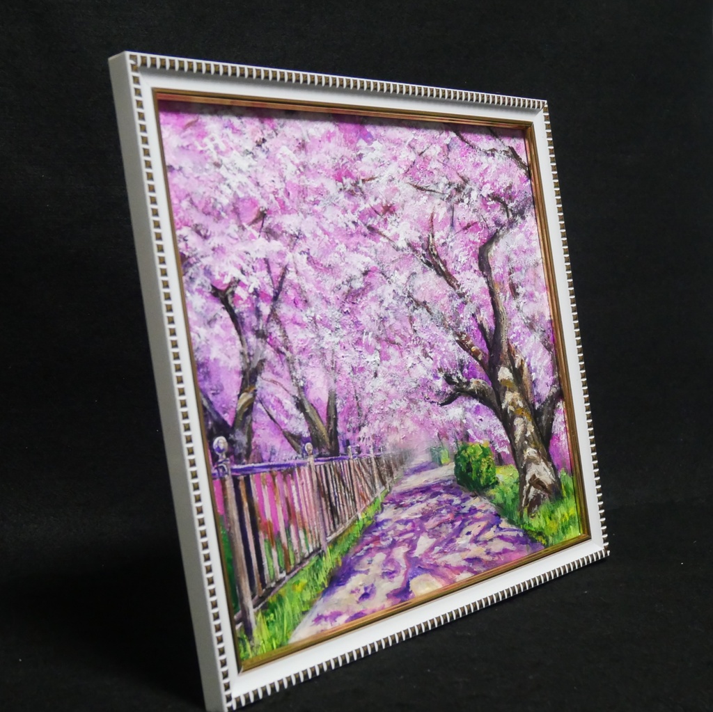 油彩画「満開の桜のトンネル」桜並木 春のインテリア