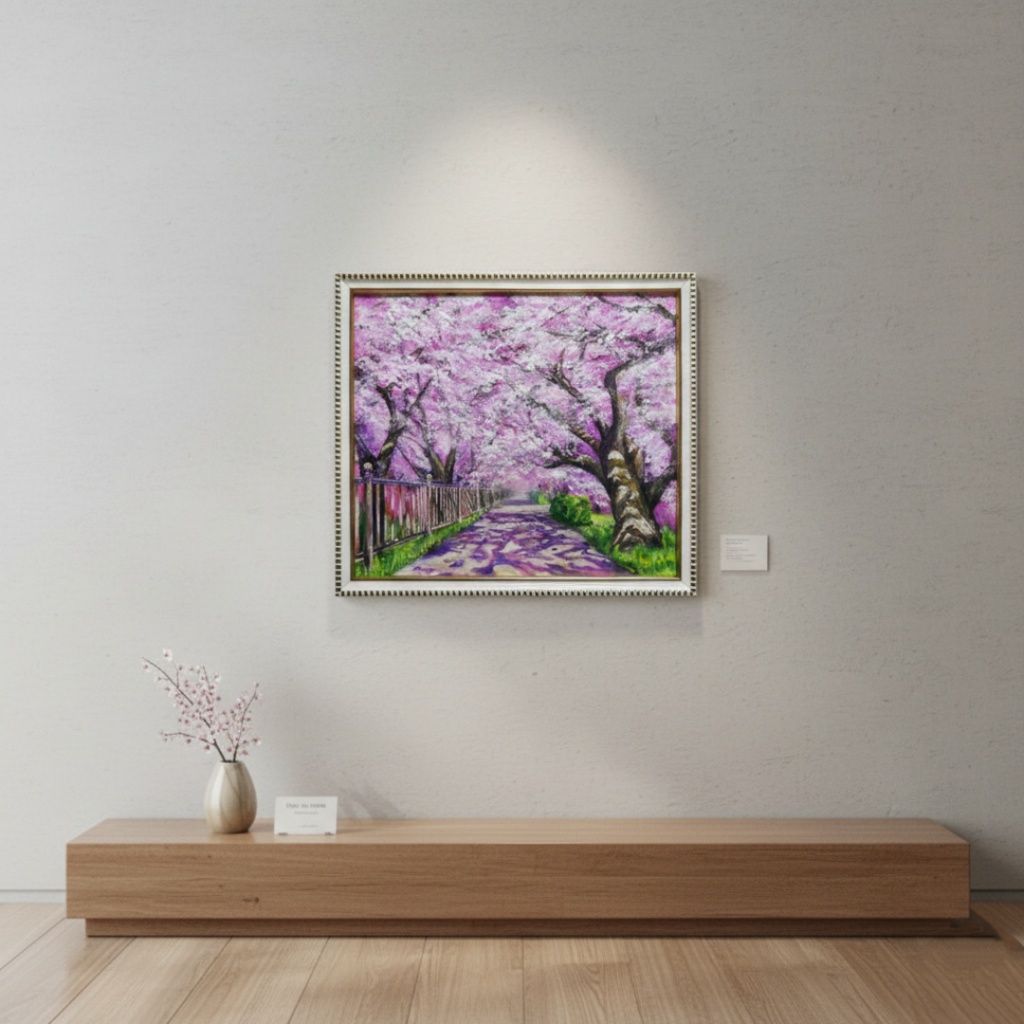 油彩画「満開の桜のトンネル」桜並木 春のインテリア