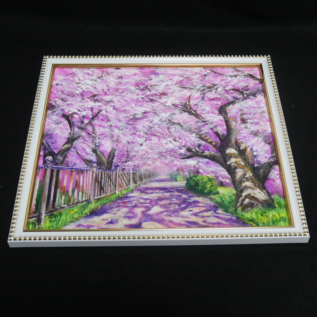 油彩画「満開の桜のトンネル」桜並木 春のインテリア
