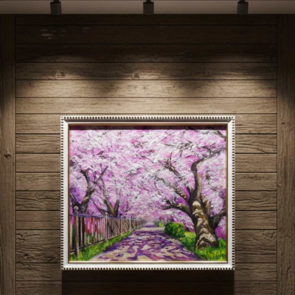 油彩画「満開の桜のトンネル」桜並木 春のインテリア