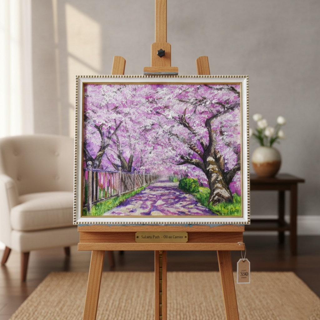 油彩画「満開の桜のトンネル」桜並木 春のインテリア